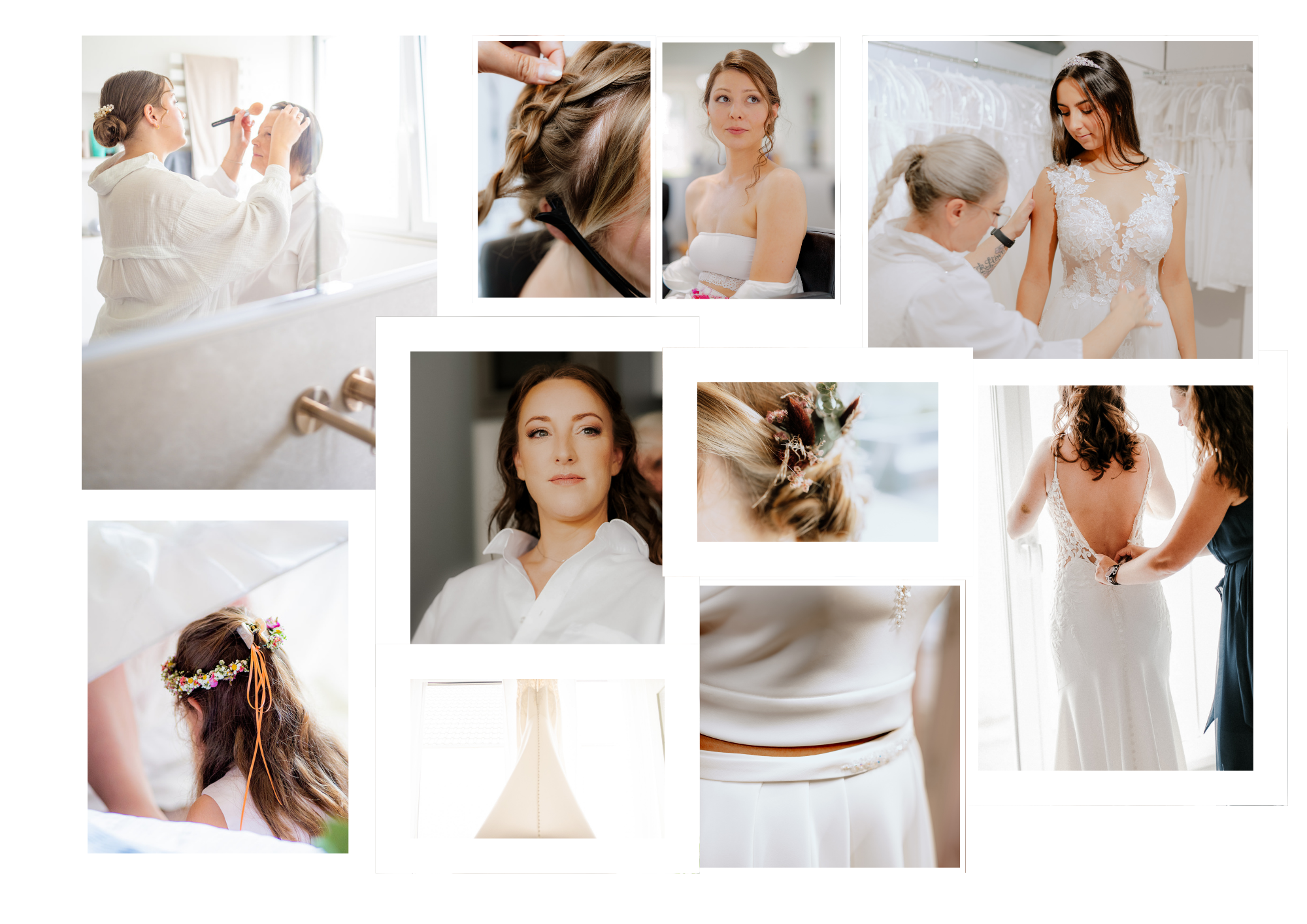 Hochzeitsvorbereitungen mit Braut, Friseur, Make-up und Brautkleid-Details.