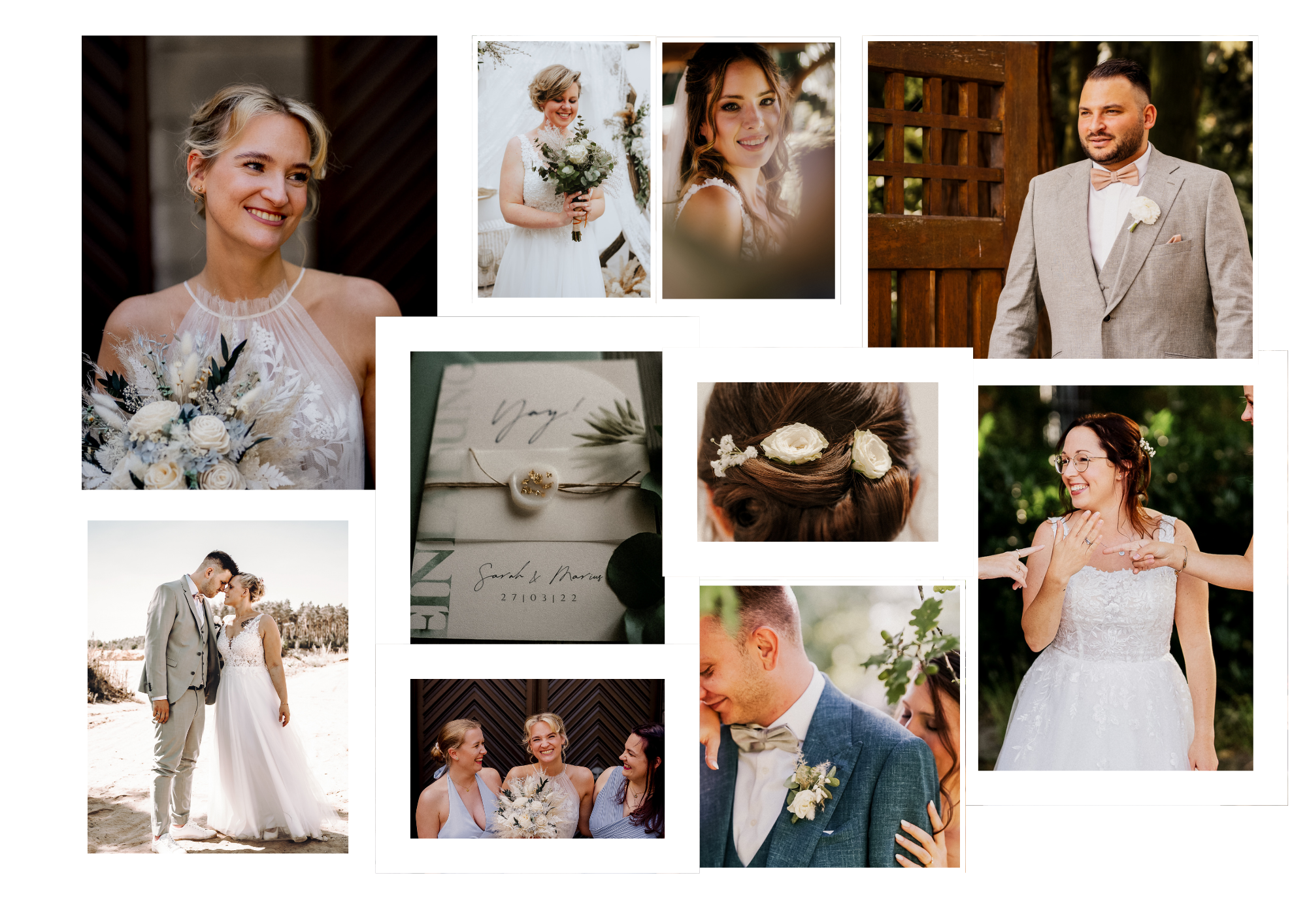 Hochzeitscollage mit Braut, Bräutigam, Gästen und stilvollen Details.